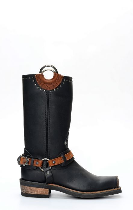 Black Liberty boots in black leather with strap and square toe