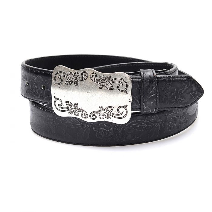 Black belt in genuine leather with matching embroidery and buckle ...