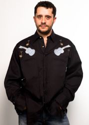 Black Rockmount western shirt with guitar embroidery and notes
